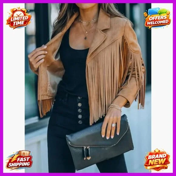 Faux Suede Cropped Fringe Jacket Women's Western Motorcycle Style